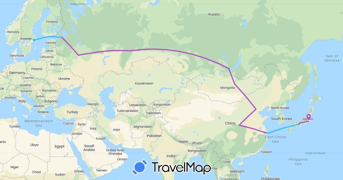 TravelMap itinerary: driving, train, boat in China, Finland, Japan, Mongolia, Russia, Sweden (Asia, Europe)